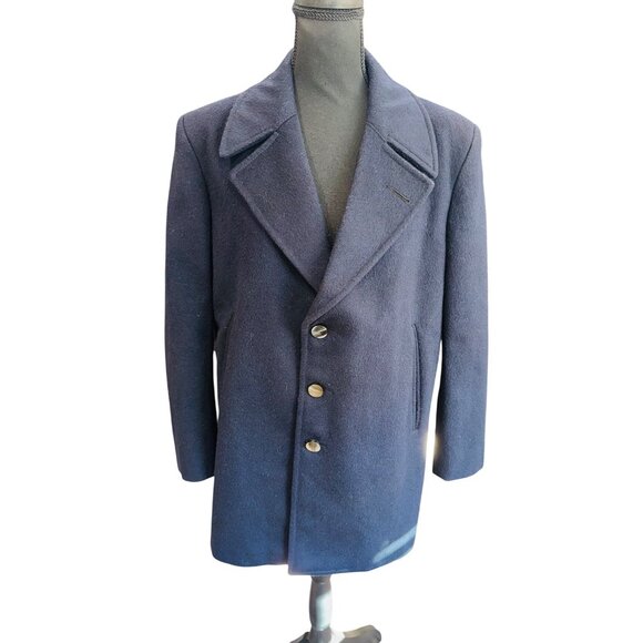 Vintage Mens Navy Virgin Wool Peacoat Overcoat Notch Lapel 3 Button Academic - Picture 1 of 11